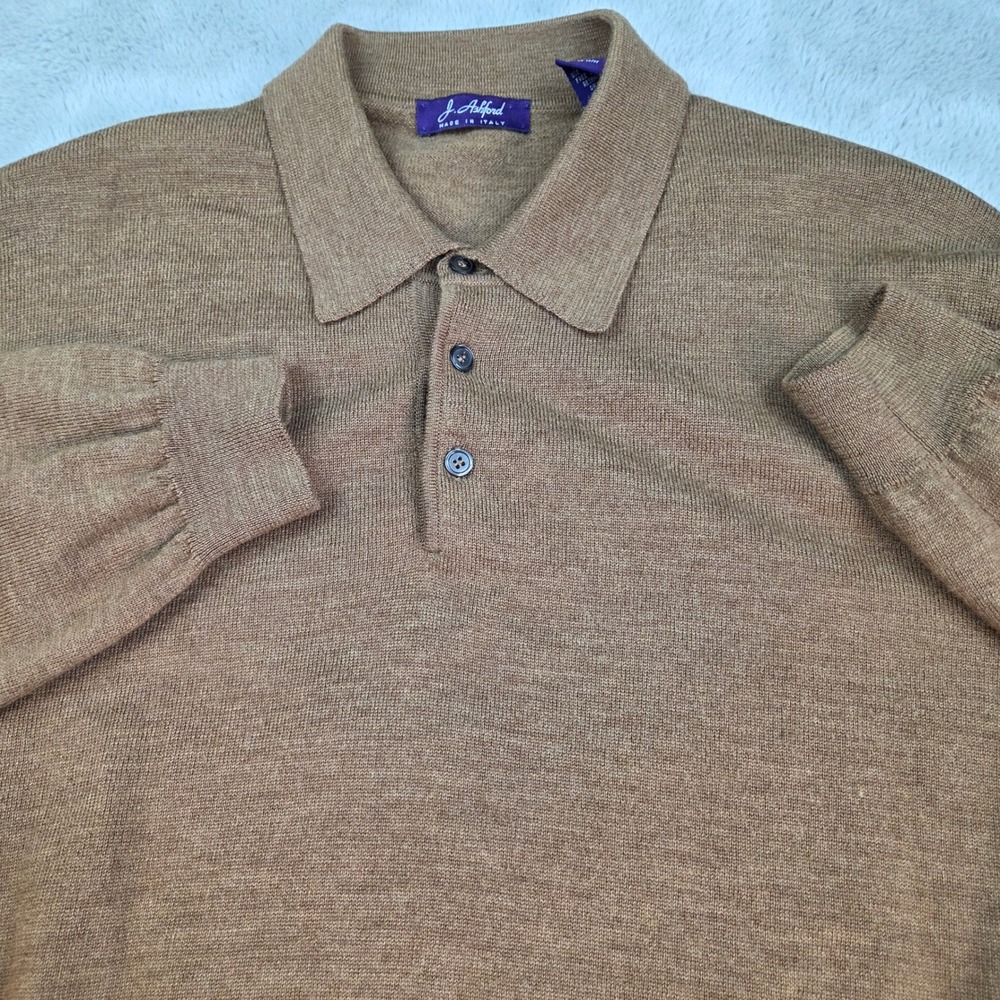 J. Ashford  Italian Merino Sweater Mens XL Wool Knit Brown Tan Collared Long Slv